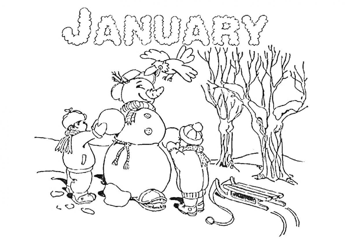 Раскраска Январь, дети лепят снеговика и украшают его, рядом стоят сани и безлистные деревья