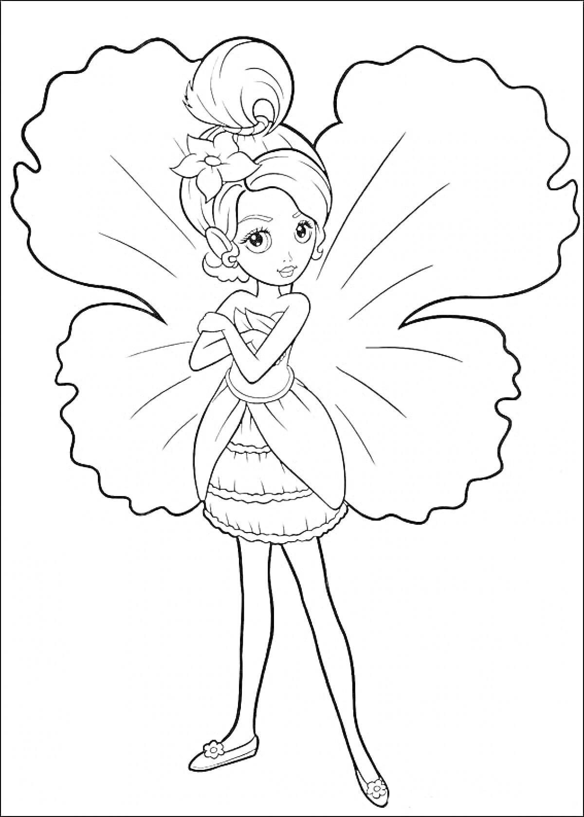 Раскраска Барби Дюймовочка с большими цветочными крыльями на спине, стоит с переплетёнными руками.