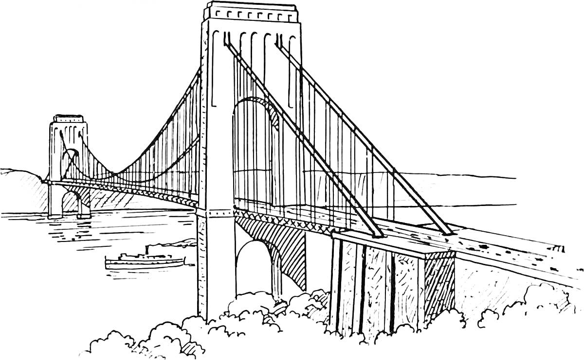 Раскраска Раскраска с изображением моста Золотые Ворота с опорами, тросами, дорогой, лодкой на воде и кустами на переднем плане