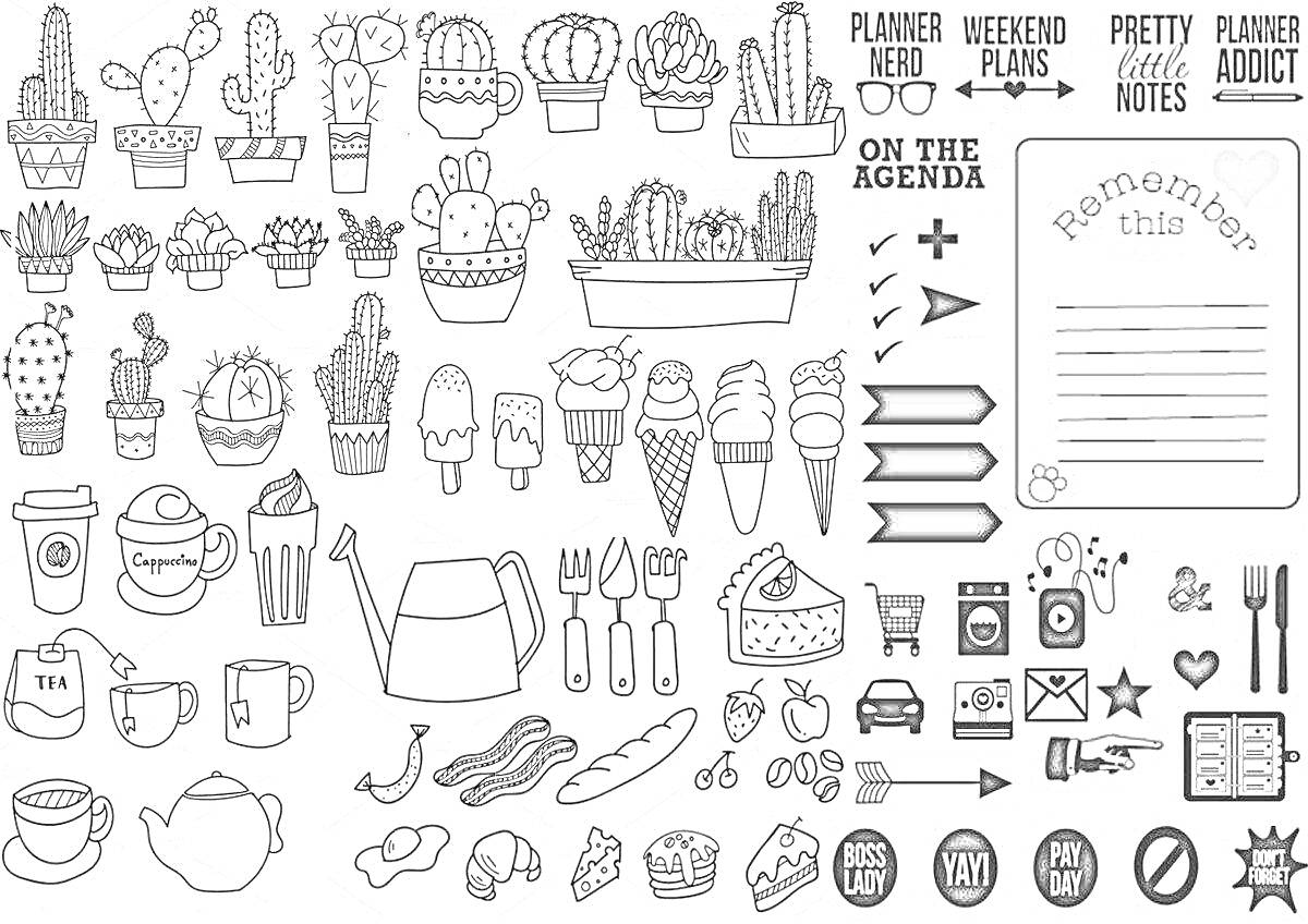 Раскраска Наклейки с кактусами, едой, напитками, посудой, различными значками и надписями
