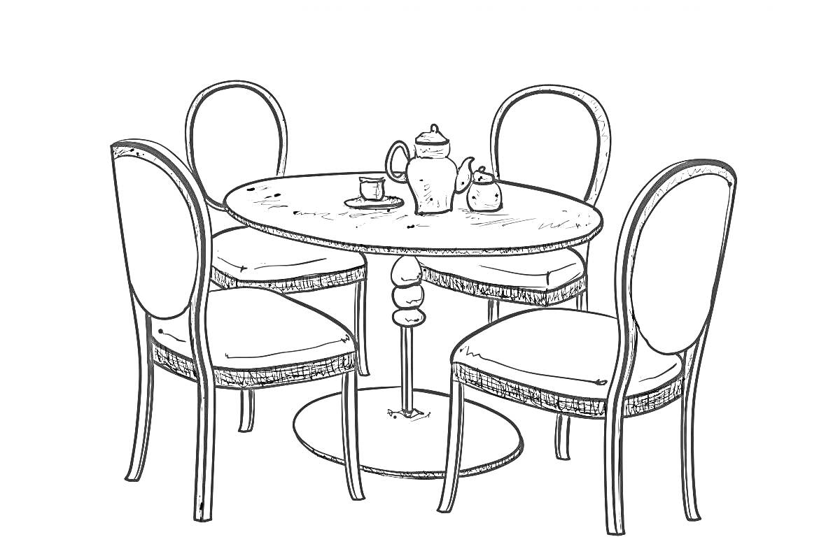 На раскраске изображено: Стол, Чашки, Чайный столик, Мебель, Чаепитие