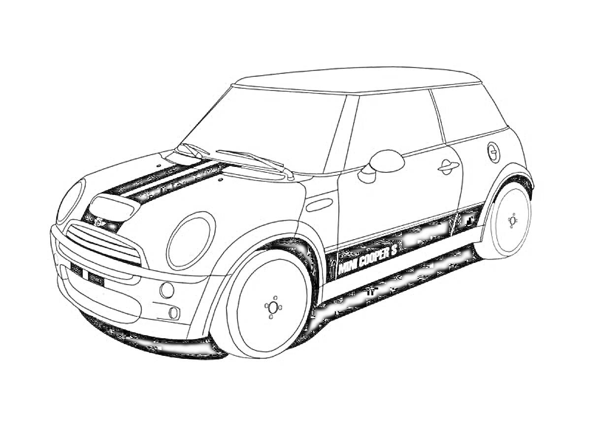 Раскраска Мини Купер с полосами на капоте и корпусе, вид сбоку