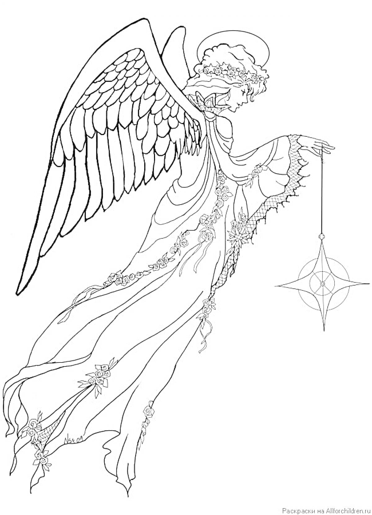 Раскраска Ангел с крыльями, в длинном платье, держащий звезду на нити