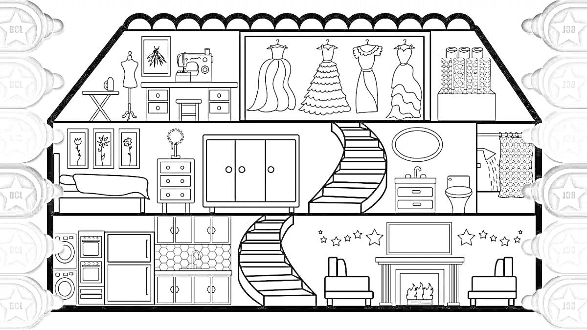 Раскраска Внутри домика с тремя этажами, включающими швейную комнату с швейной машинкой, шкафом и манекенами на верхнем этаже, спальню с кроватью и комодом на среднем этаже, и гостиную с камином и двумя креслами на нижнем этаже.