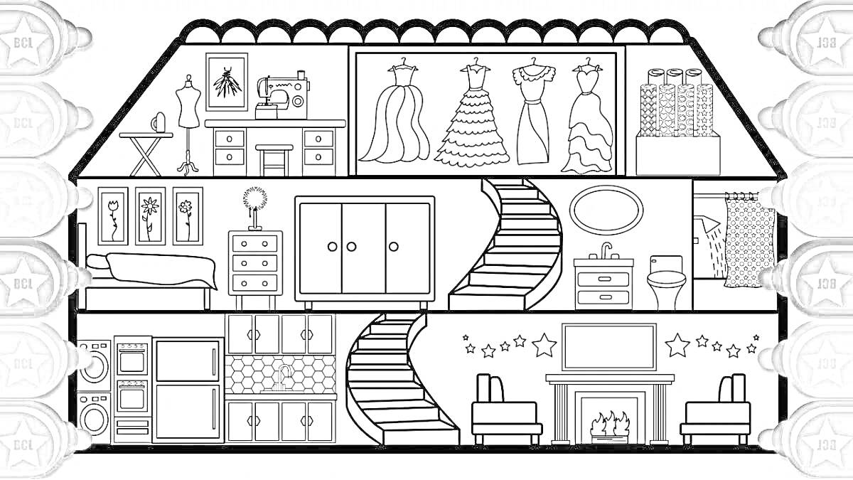 На раскраске изображено: Домик, Дом, Интерьер, Швейная машинка, Шкаф, Комод, Зеркало, Лестница, Гостиная, Камин, Кресло, Манекен, Платье, Кровати