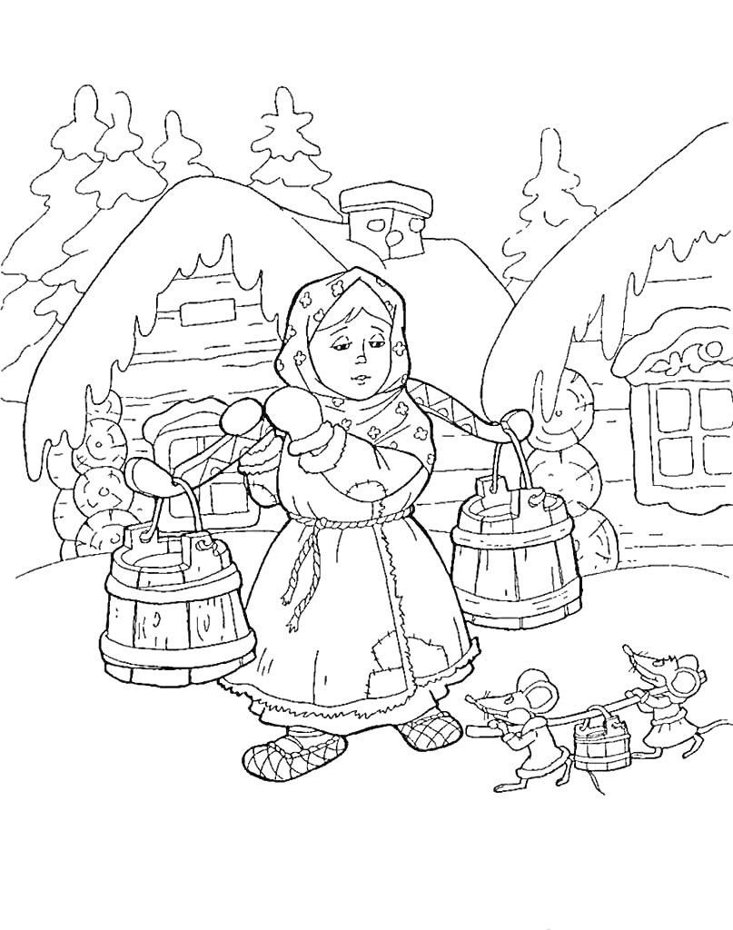 Раскраска Девочка с ведрами у дома в зимнем лесу, мыши несут снасти