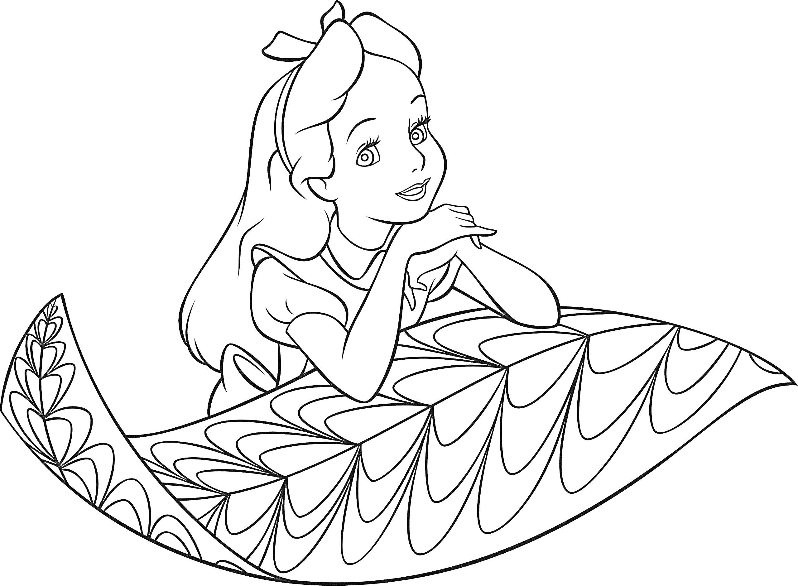Раскраска Алиса с бантом, лежащая на узорчатом листе