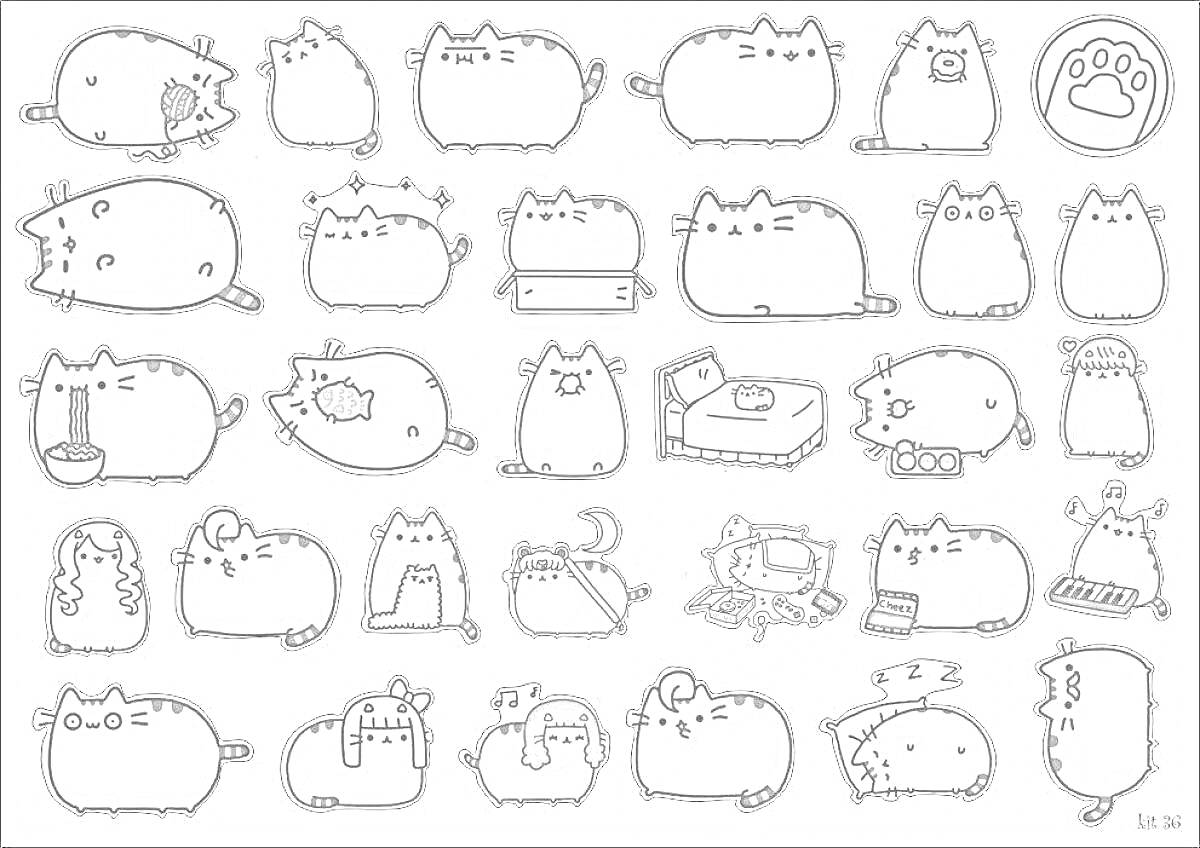 РаскраскаCтикеры котики: спящий котик, веселый котик, два котика с сердечками, котик на беговой дорожке, котик в коробке, котик с выключателем, котик с игрушкой, котик с лапкой вверх, два котика на подушках, котик с гамбургером, котик-такос, котик с компьютером