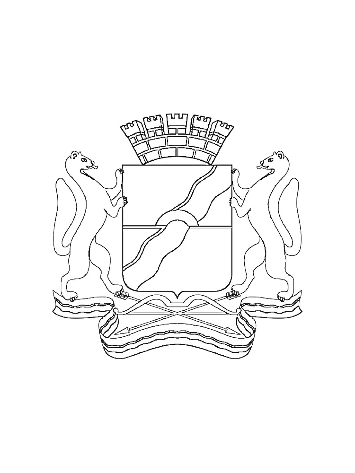 Раскраска Герб с двумя стоящими норками, держащими щит с диагональной волной, увенчанной башенной короной и лентой в основании