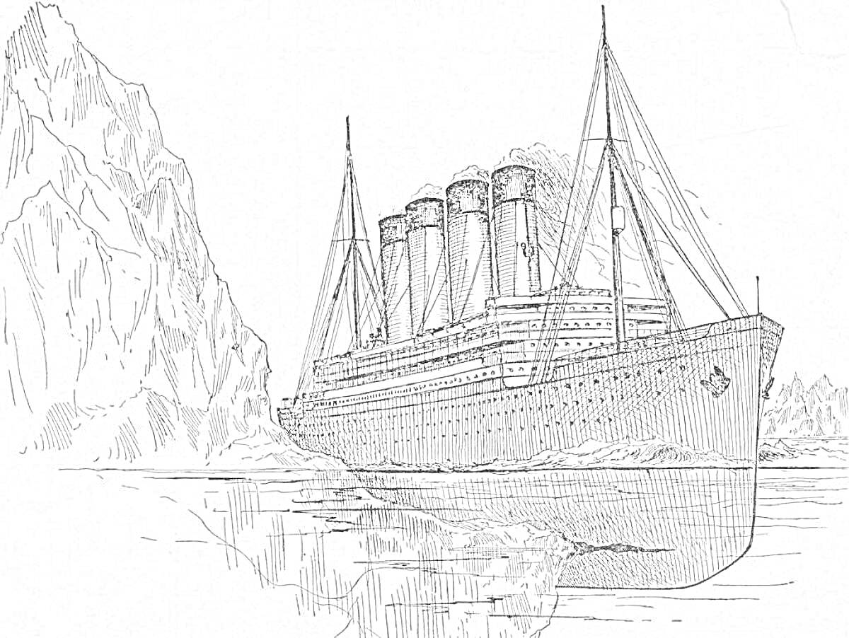 На раскраске изображено: Титаник, Корабль, Айсберг, Столкновение, Море, Катастрофа