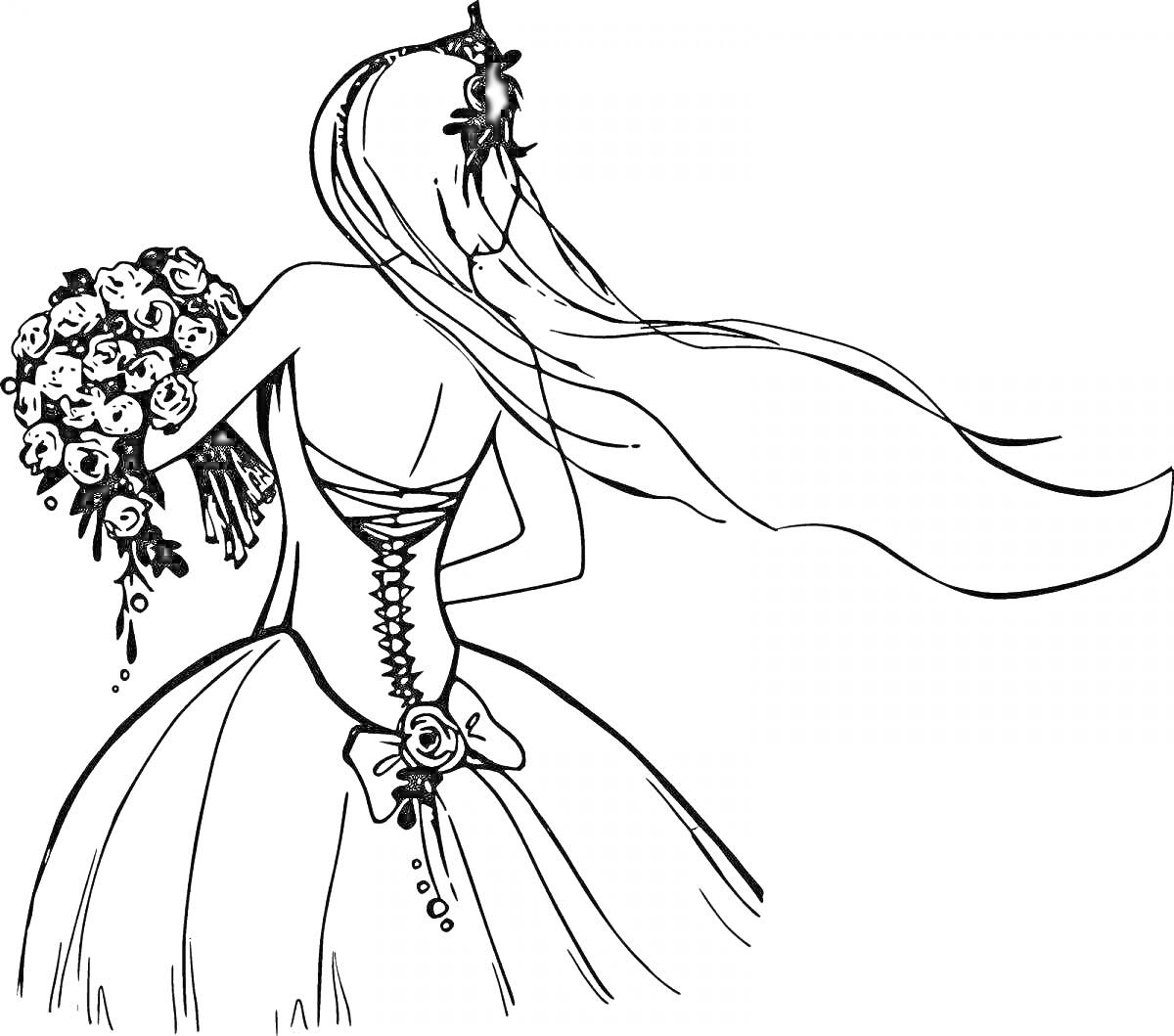 На раскраске изображено: Свадебное платье, Букет цветов, Невеста, Корсет, Цветы