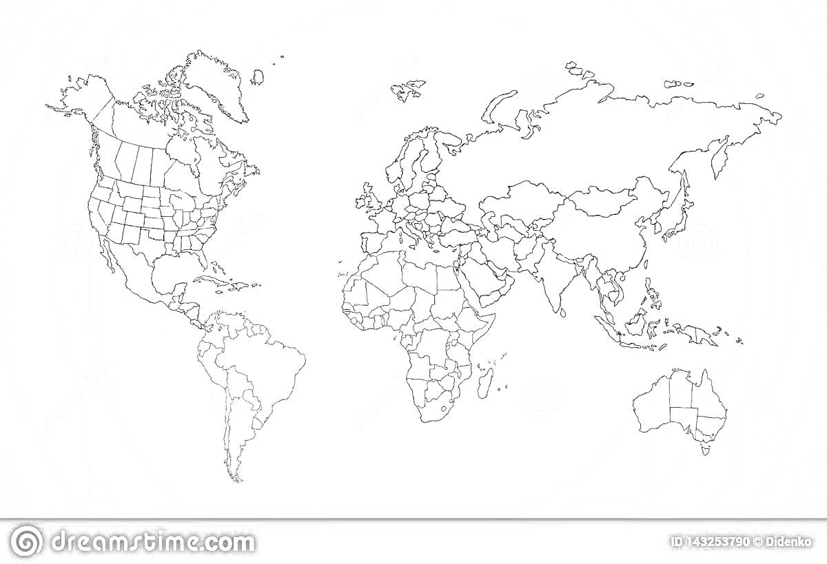 Раскраска Политическая карта мира для раскрашивания с границами стран и континентов