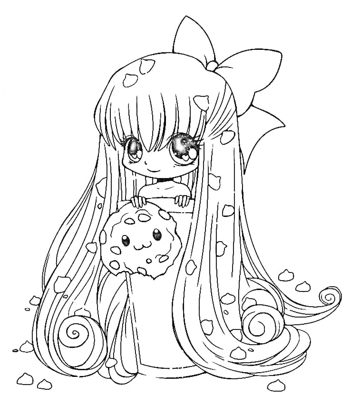 Раскраска Девочка аниме с длинными волосами, бантом и игрушкой в виде кекса
