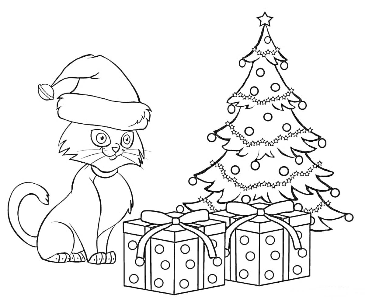 Раскраска Кот в шапке Санты возле новогодней елки и подарков