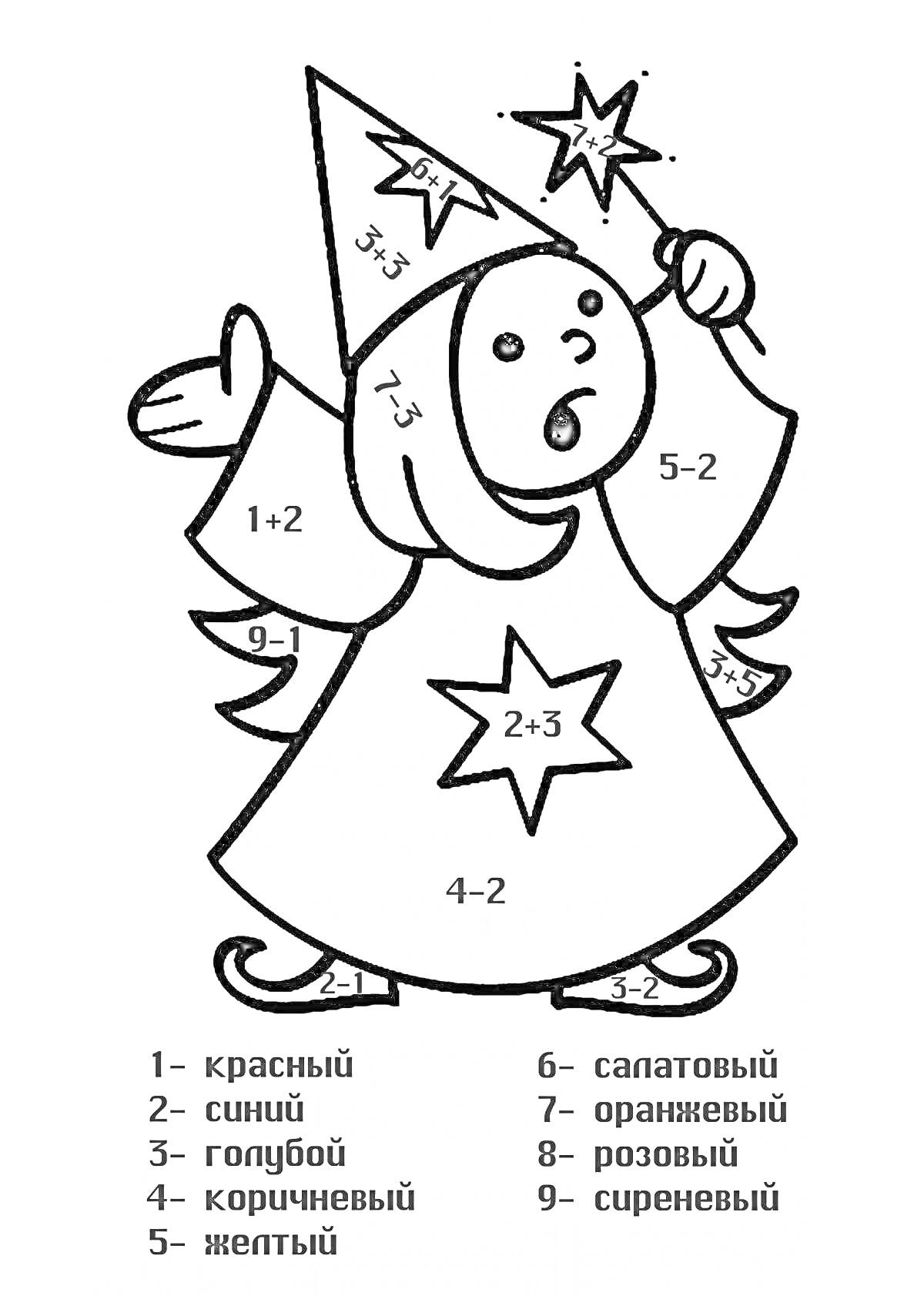 Раскраска Новогодний гномик с математическими примерами для раскрашивания