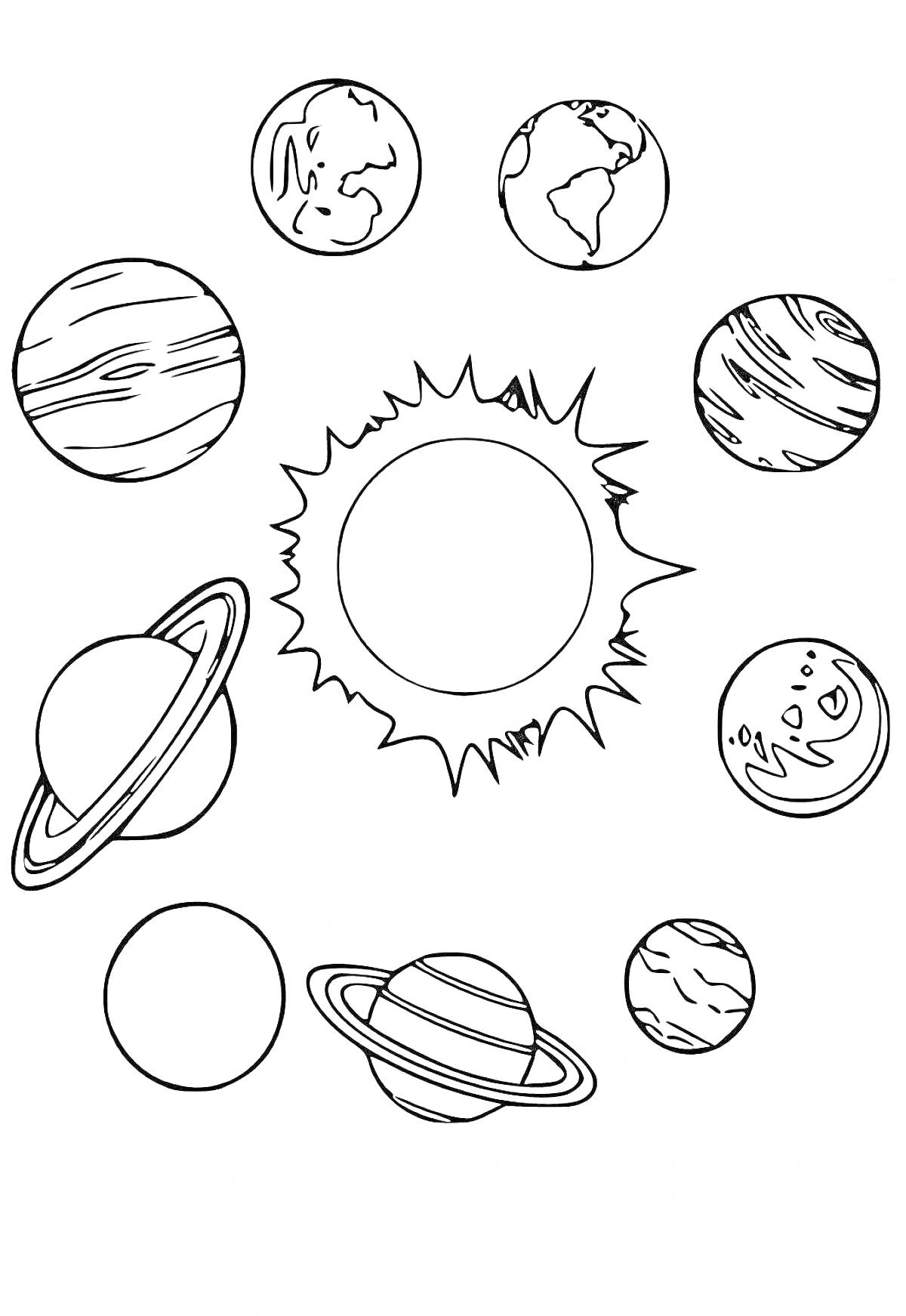 На раскраске изображено: Планеты, Солнечная система, Космос, Астрономия, Земля, Сатурн, Юпитер, Солнце, Учебные материалы