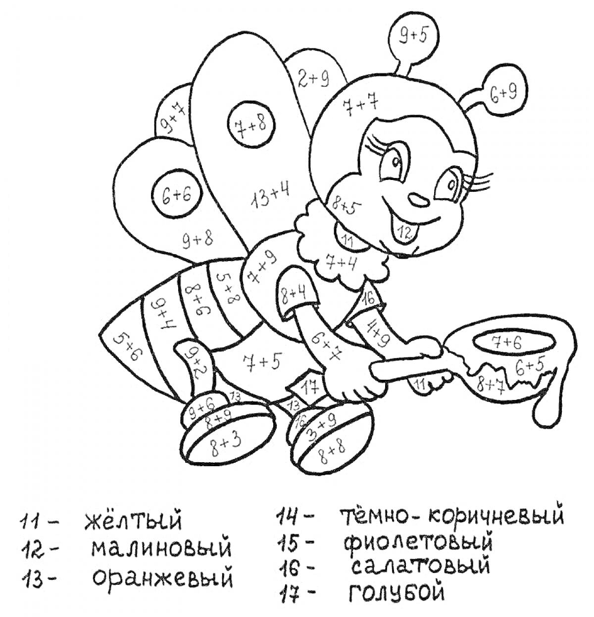 На раскраске изображено: Математика, Примеры, 2 класс, До 20, Обучение