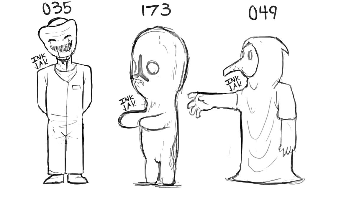 Раскраска Три персонажа SCP: SCP-035, SCP-173, SCP-049