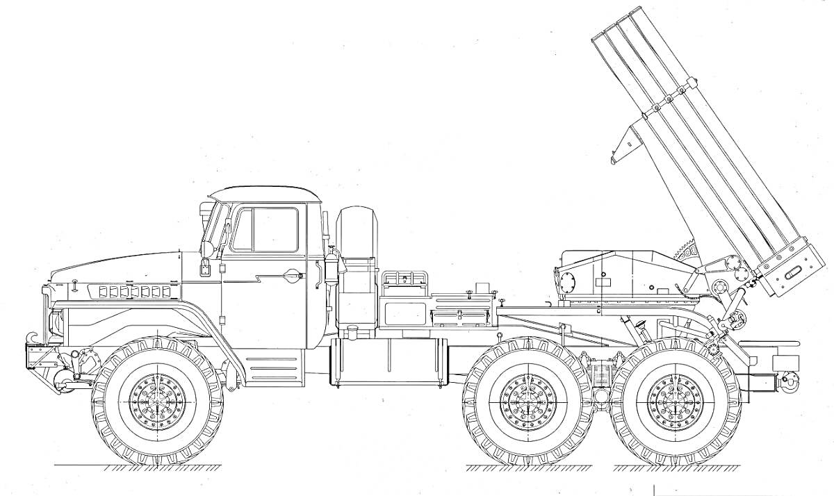 Раскраска Военный грузовик Урал с ракетной установкой