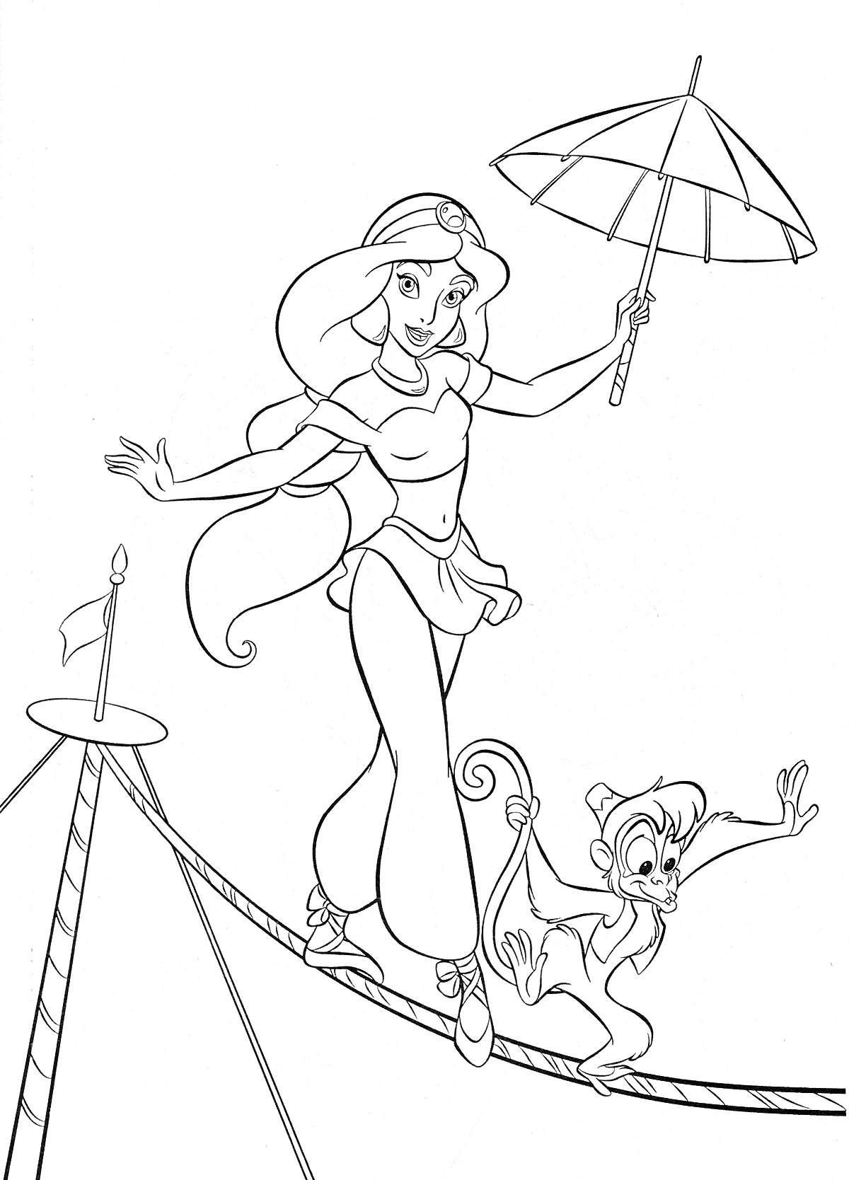 Жасмин и обезьянка Абу идут по канату, Жасмин держит зонт