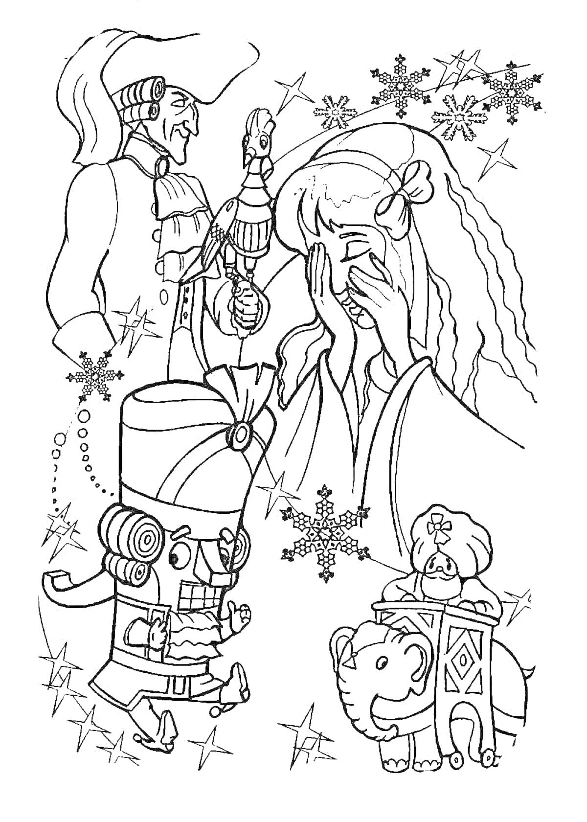 На раскраске изображено: Щелкунчик, Девочка, Мышиный король, Слон, Снежинки