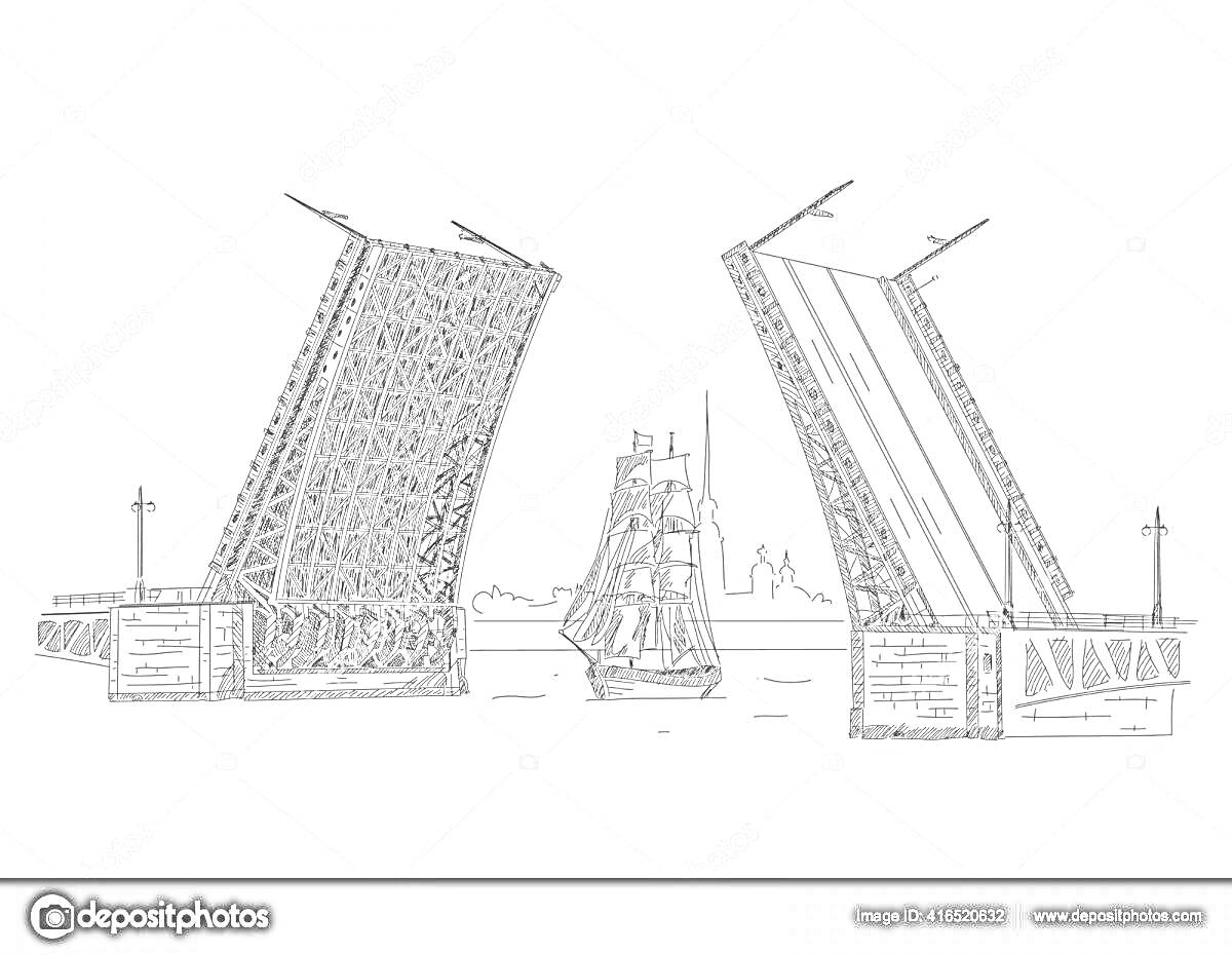 На раскраске изображено: Санкт-Петербург, Корабль, Фонари, Разводной мост