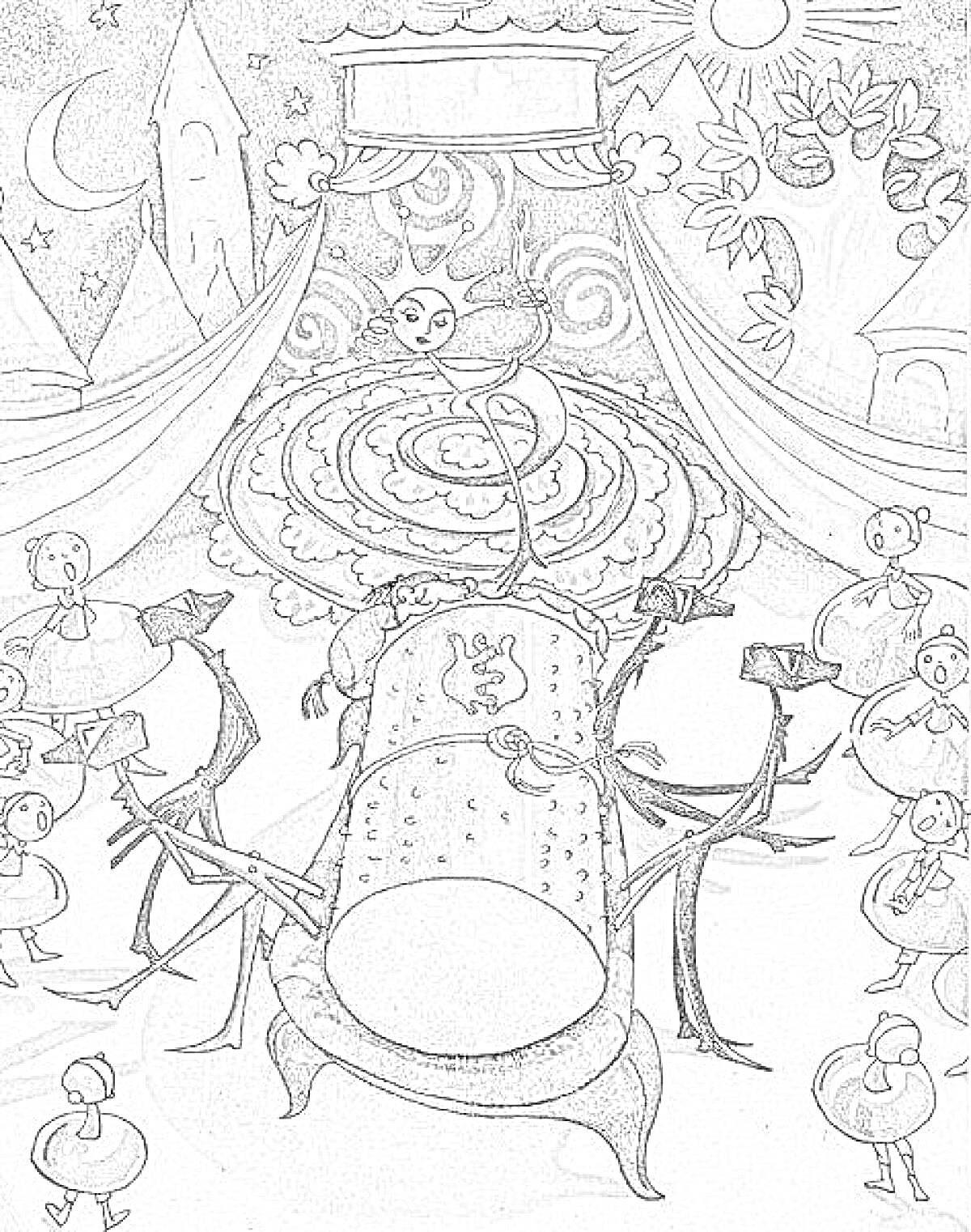Раскраска Городок в табакерке с башнями, солнцем, деревом, цветами, несколькими человечками и музыкальным инструментом