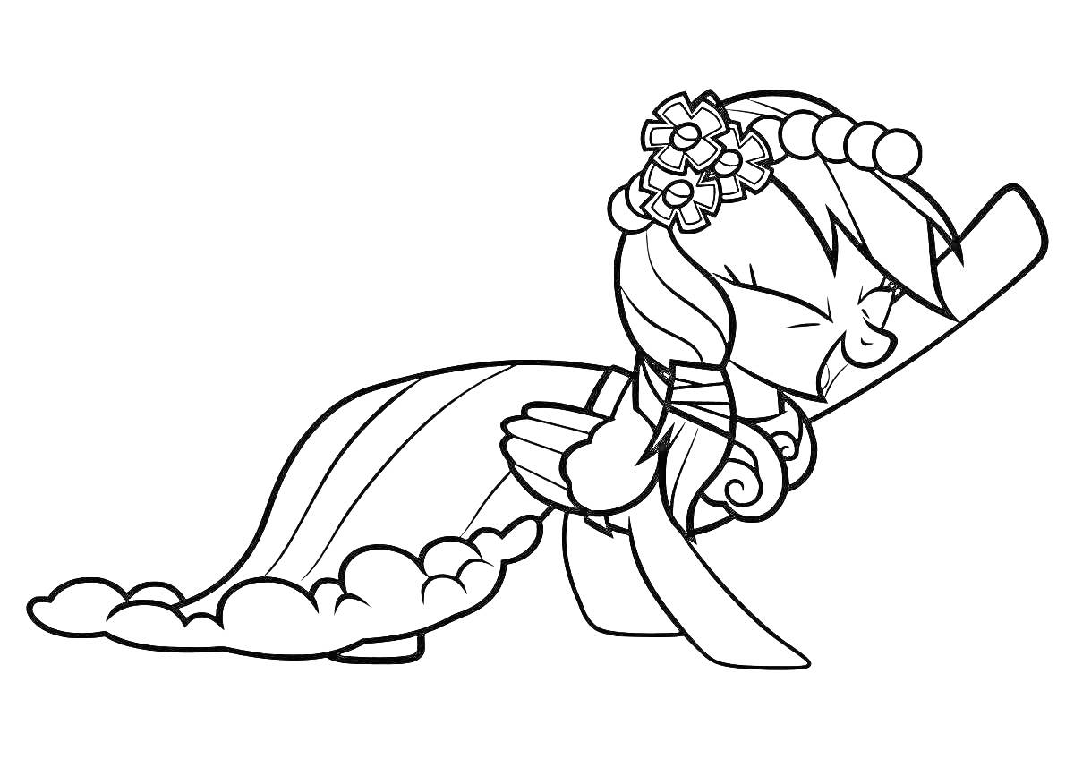 Раскраска Пони с радужной гривой в свадебном платье с цветами