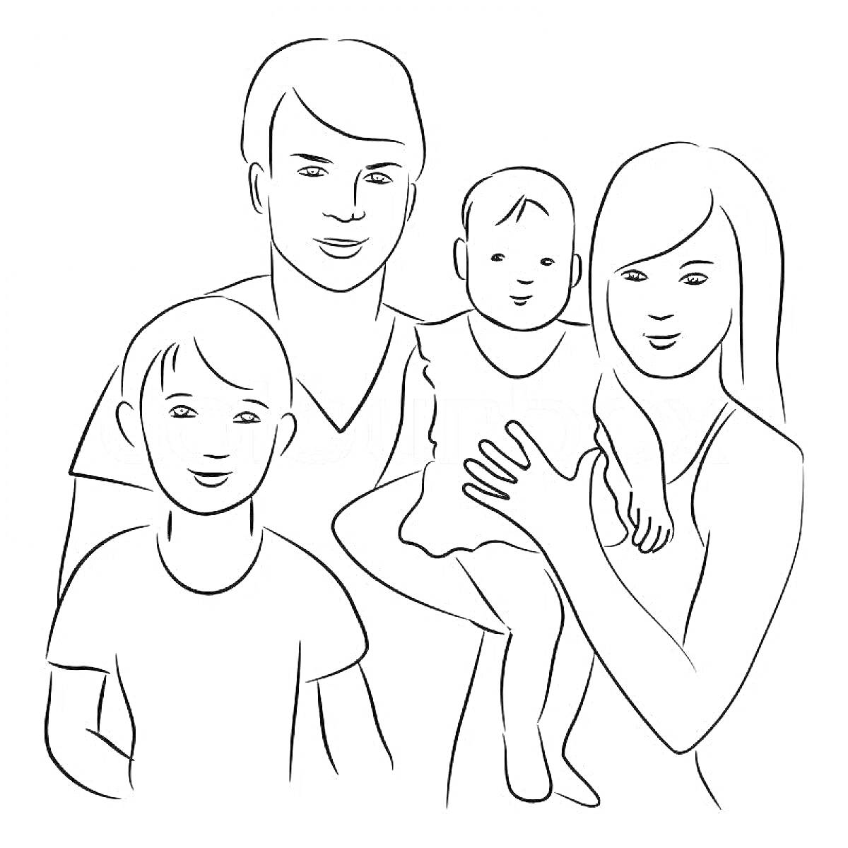 На раскраске изображено: Семья, Родители, Мальчик, Девочка, Мама, Сестра