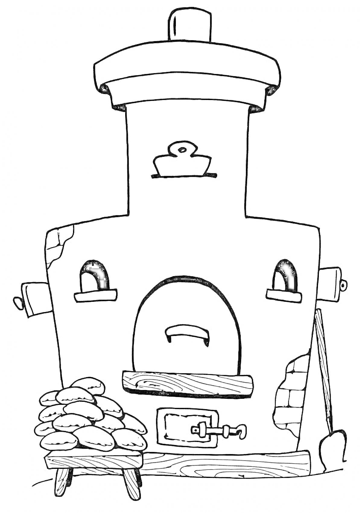 На раскраске изображено: Русская печь, Кирпичная кладка, Дрова, Хлеб