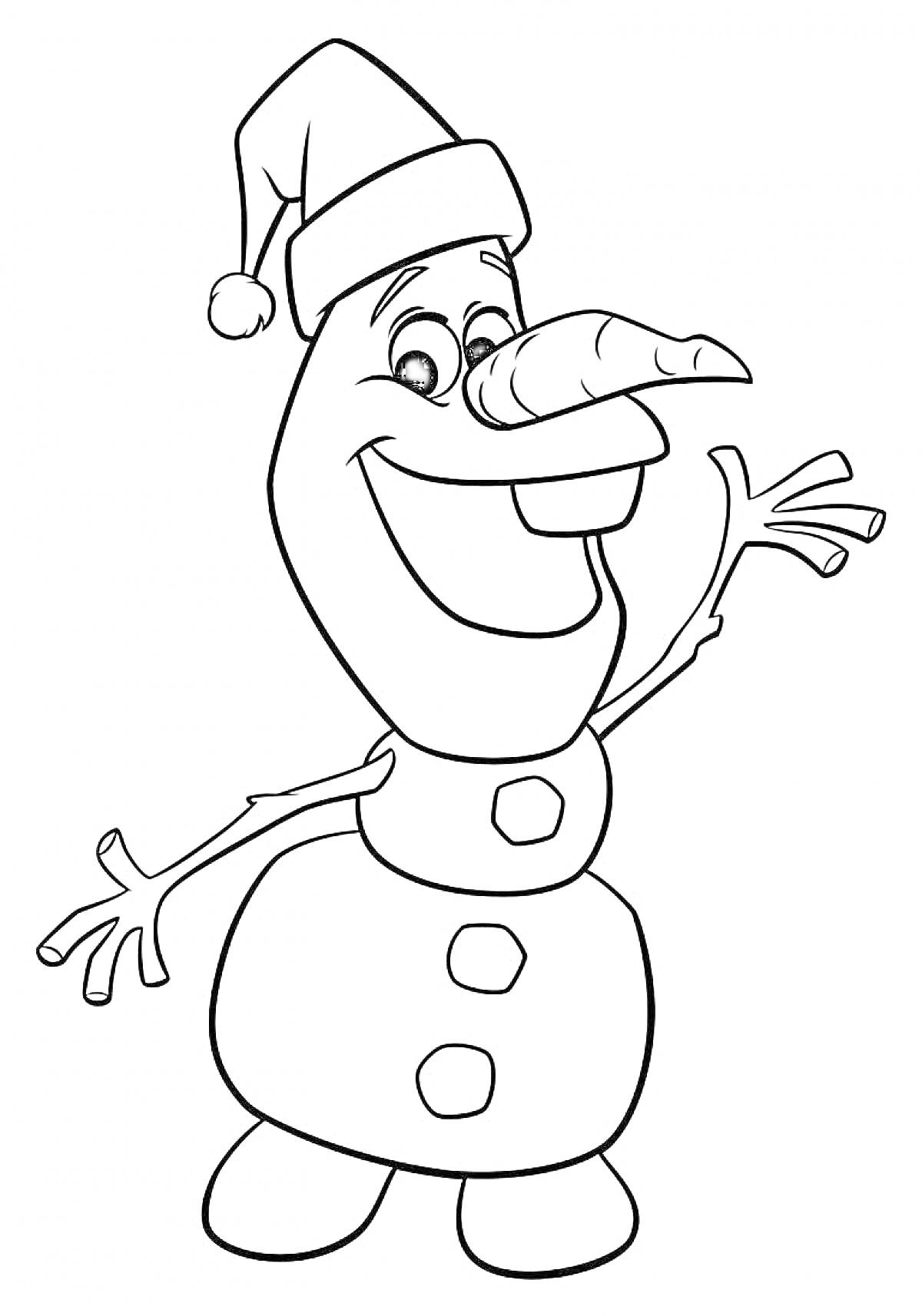 На раскраске изображено: Снеговик, Колпак, Пуговицы, Руки, Улыбается, Мультяшный персонаж