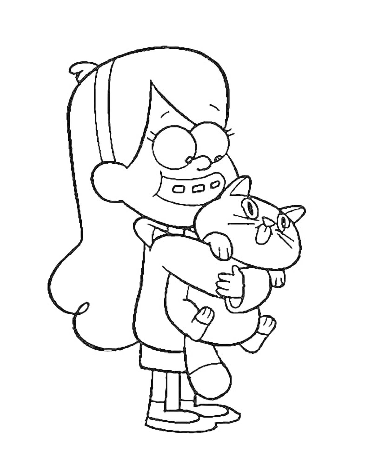 Раскраска Девочка в очках с длинными волосами держит кошку на руках
