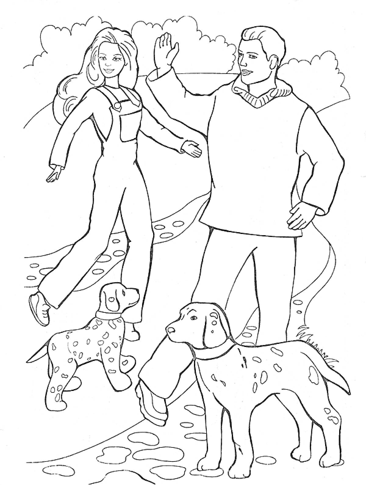 РаскраскаКен и женщина на прогулке с собаками