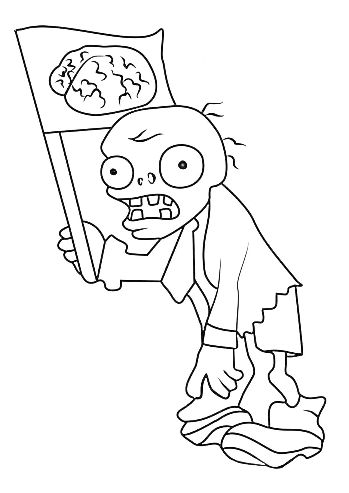Раскраска Зомби с флагом, на котором изображен мозг, в порванной одежде