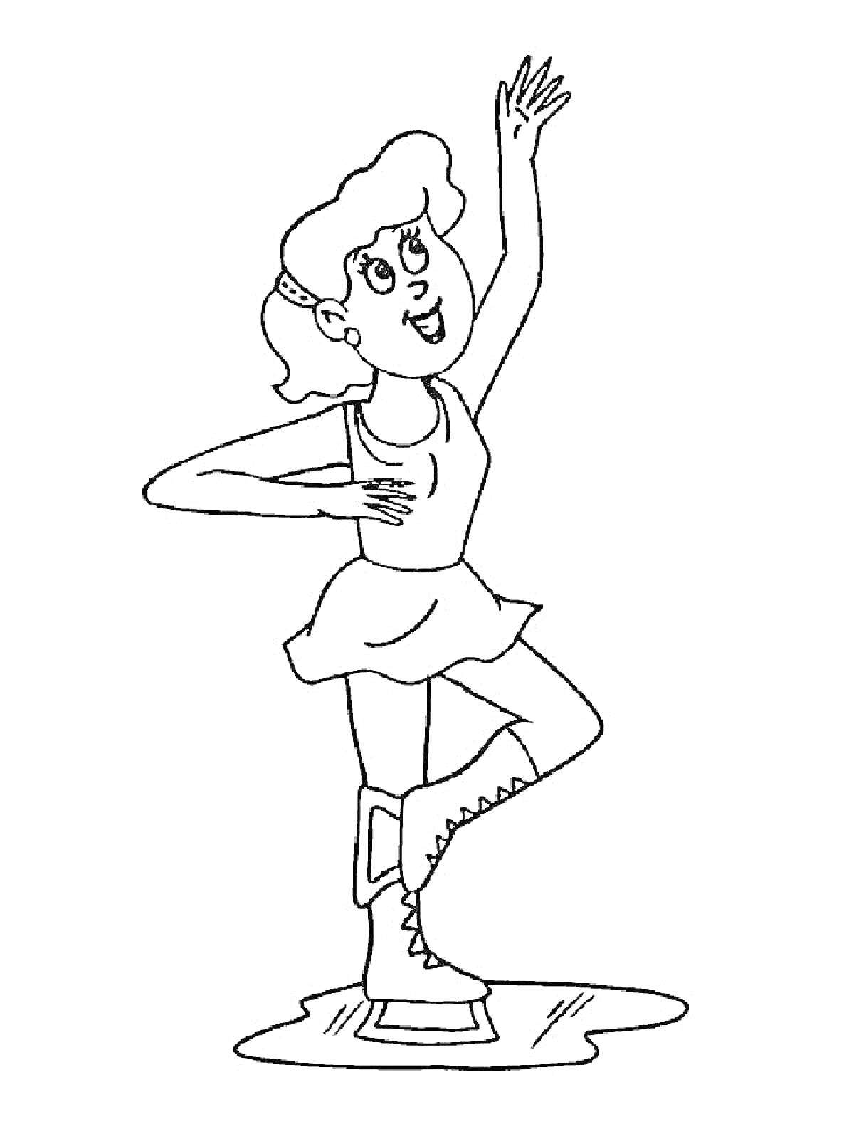 Раскраска Девочка на фигурных коньках в юбочке и спортивной майке стоит на одной ноге, поднимая другую ногу и руку
