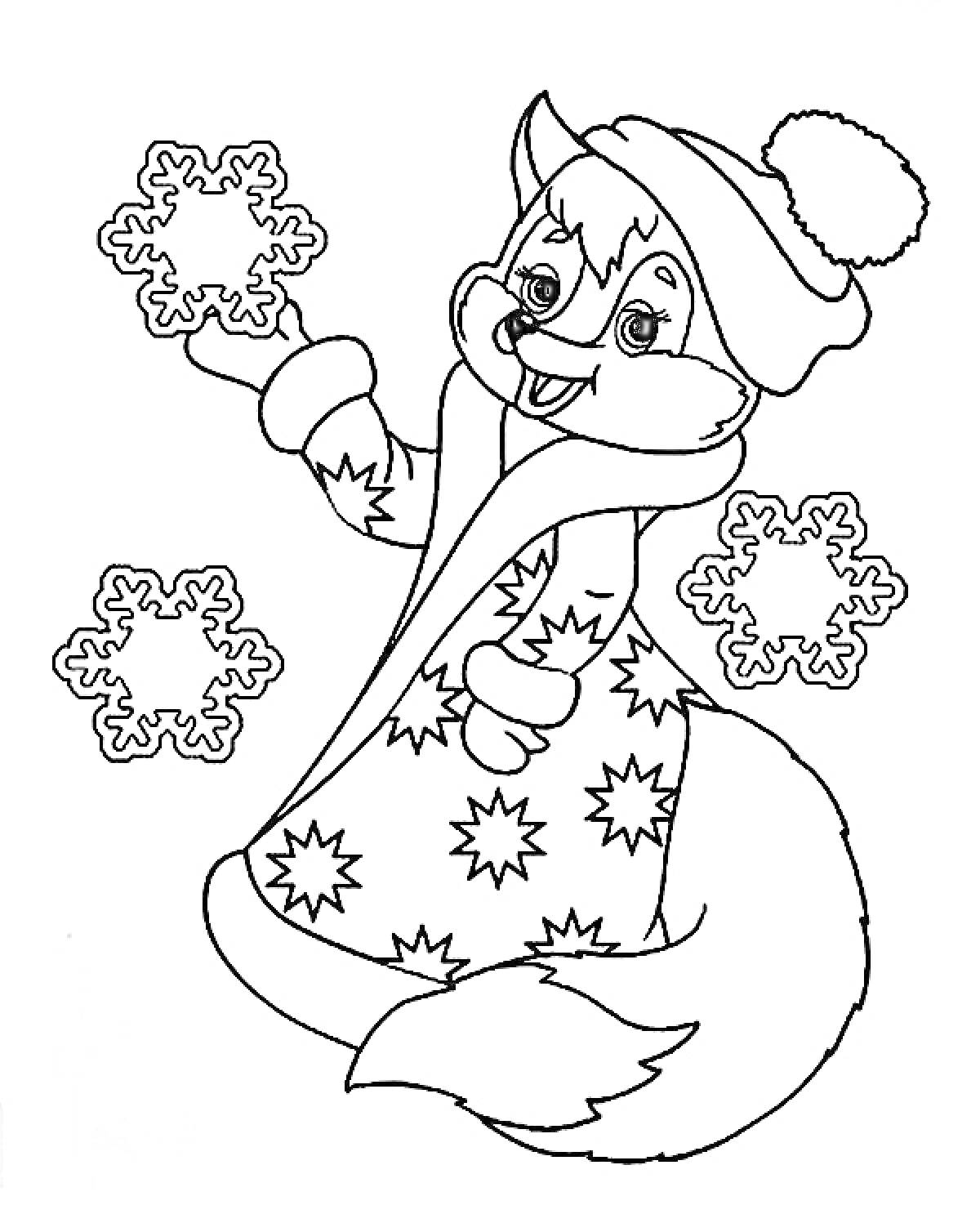 Раскраска Лиса в шапке и пальто с узором, держащая снежинку, три снежинки вокруг