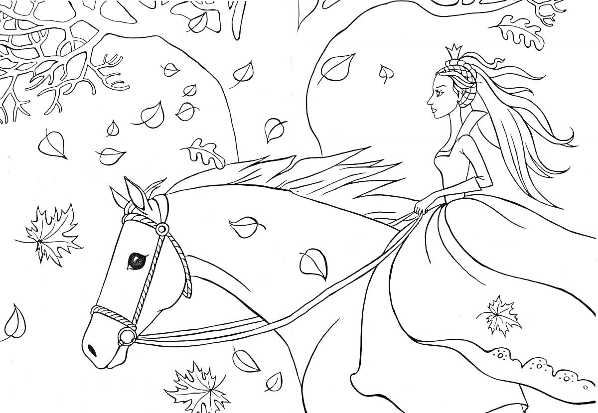 На раскраске изображено: Принцесса, Лошадь, Осень, Листья, Ветер, Природа, Расческа, Длинные волосы, Корона, Приключения