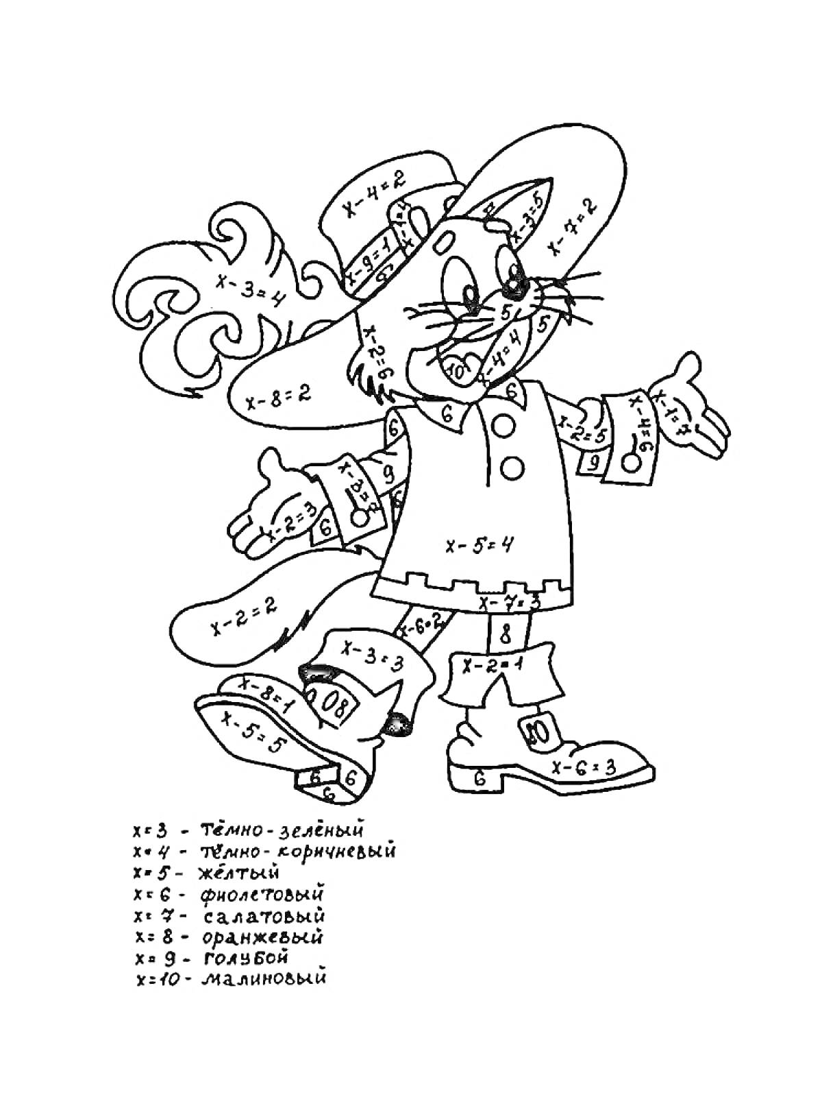 Раскраска Кот в шляпе с цветовой раскраской по математическим примерам