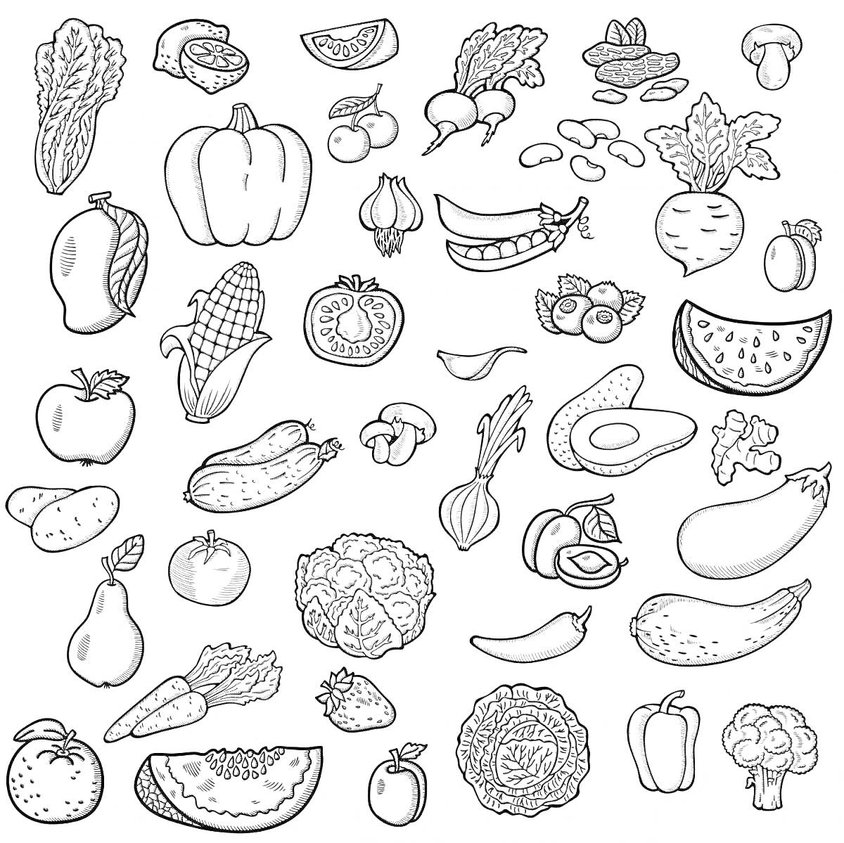 Раскраска Раскраска - Овощи и фрукты, богатые витаминами