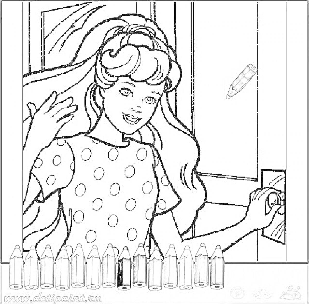 Раскраска Девочка с длинными волосами стоит у двери и улыбается, на ней футболка в горошек, рядом карандаши и карандаш для раскрашивания