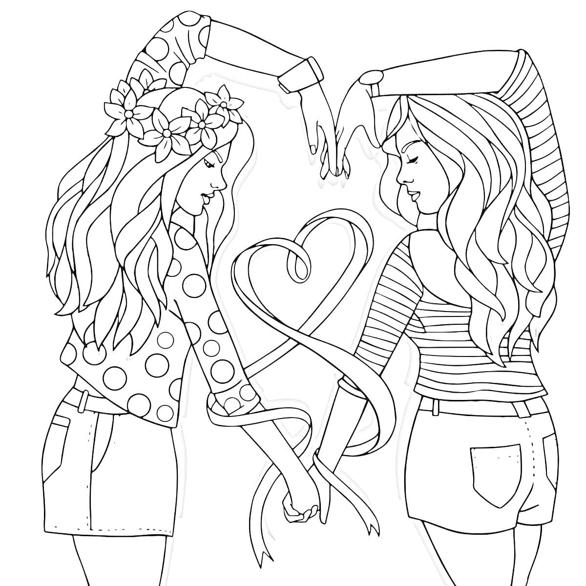 На раскраске изображено: Подруги, Цветочный венок, Полосатая футболка, Дружба, Длинные волосы, Шорты, Лето