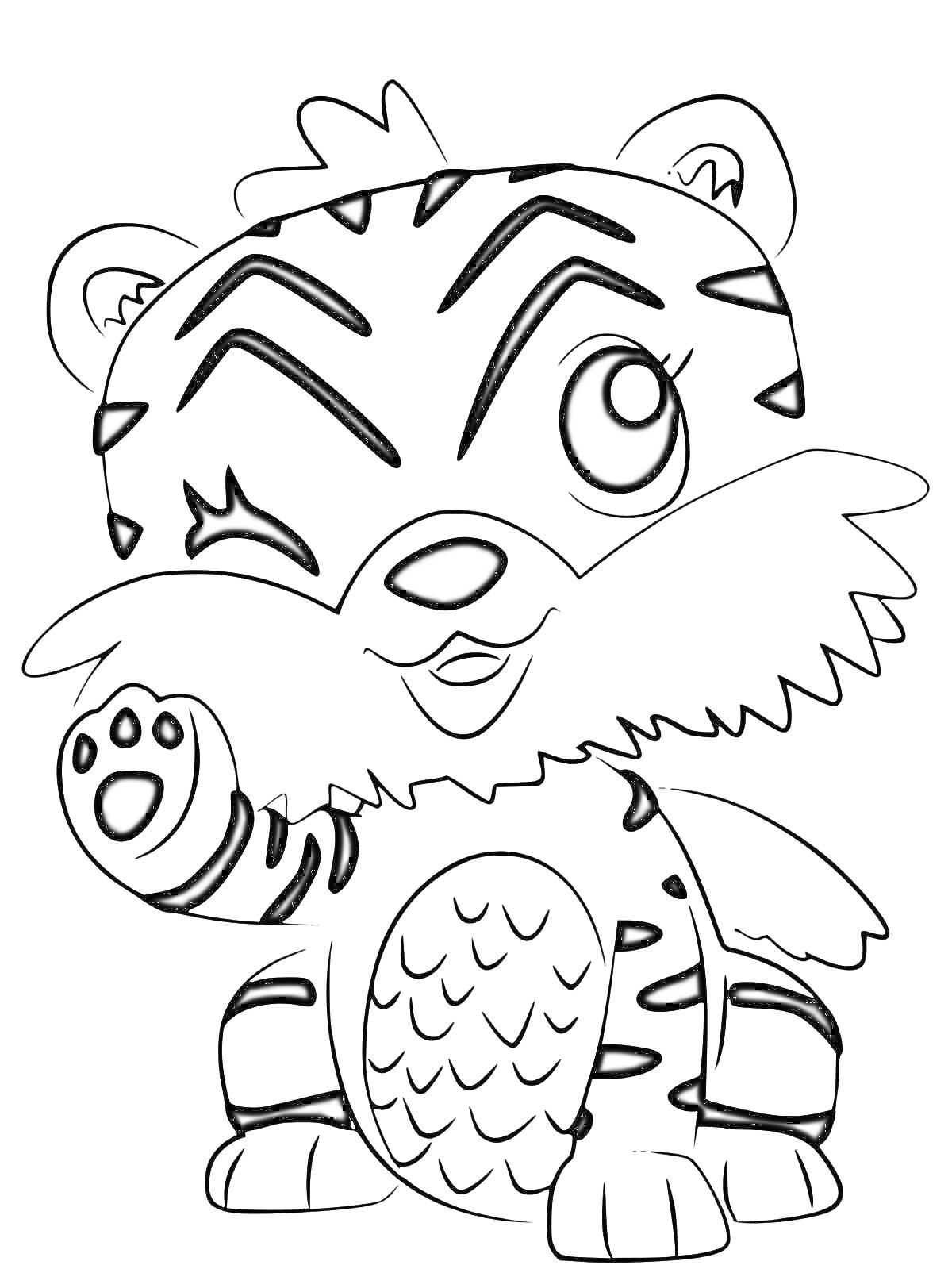 Раскраска Тигренок с поднятой лапой, подмигивающий, с полосками на теле и хвостом