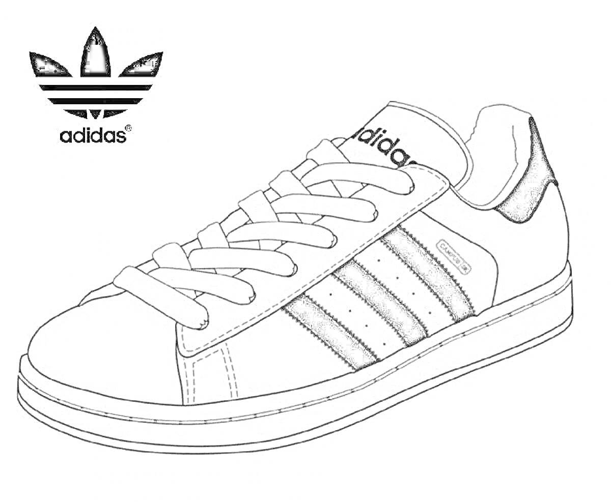 На раскраске изображено: Adidas, Три полосы, Спортивная обувь, Шнурки, Бренд, Кроссовки, Логотипы