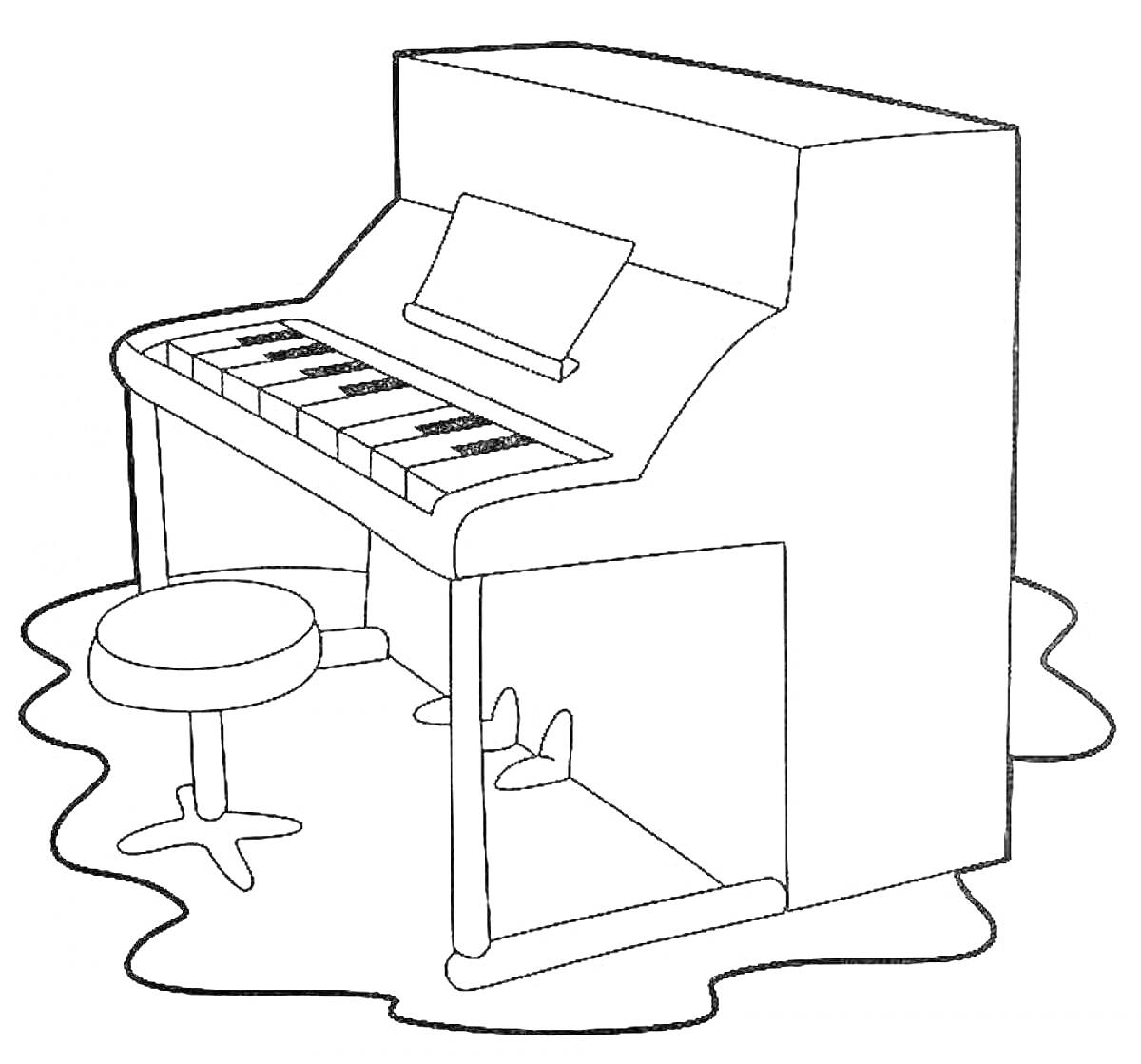 Раскраска Фортепиано с нотной стойкой, табуретом и педалями