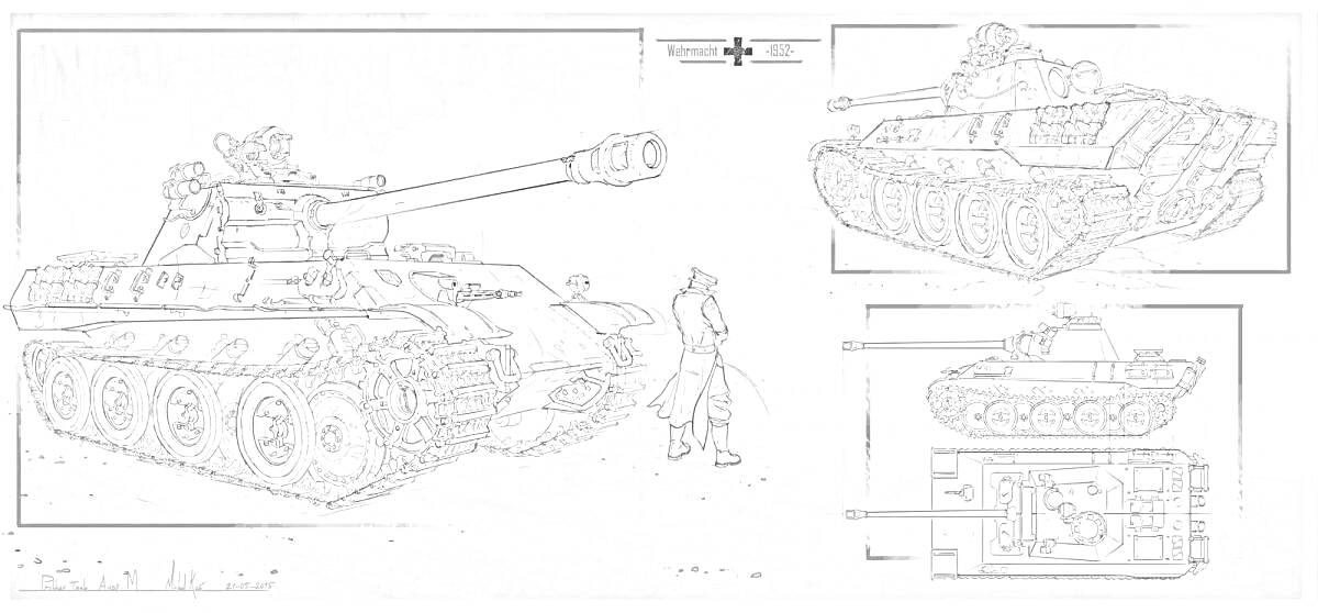 На раскраске изображено: Немецкий танк, Вторая мировая война, Боевая машина, Военная техника, Солдат