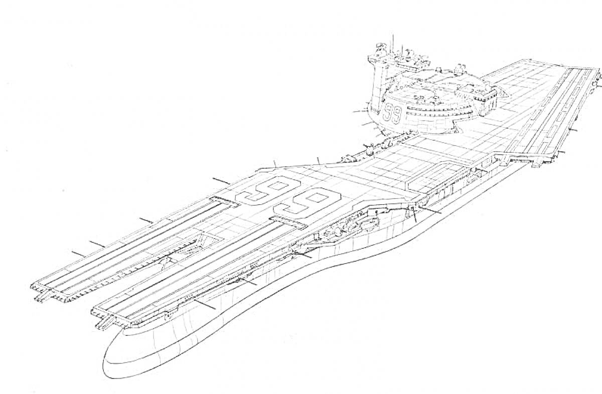 Раскраска Рисунок авианосца с взлетной полосой, ангаром для самолетов, управляемой палубной надстройкой расположенной на правой стороне, и различными элементами палубной инфраструктуры