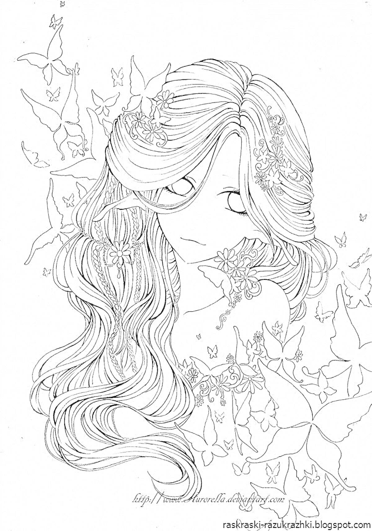 Раскраска Девушка с длинными волосами, украшенная цветами и бабочками, с большими глазами и взглядом в сторону