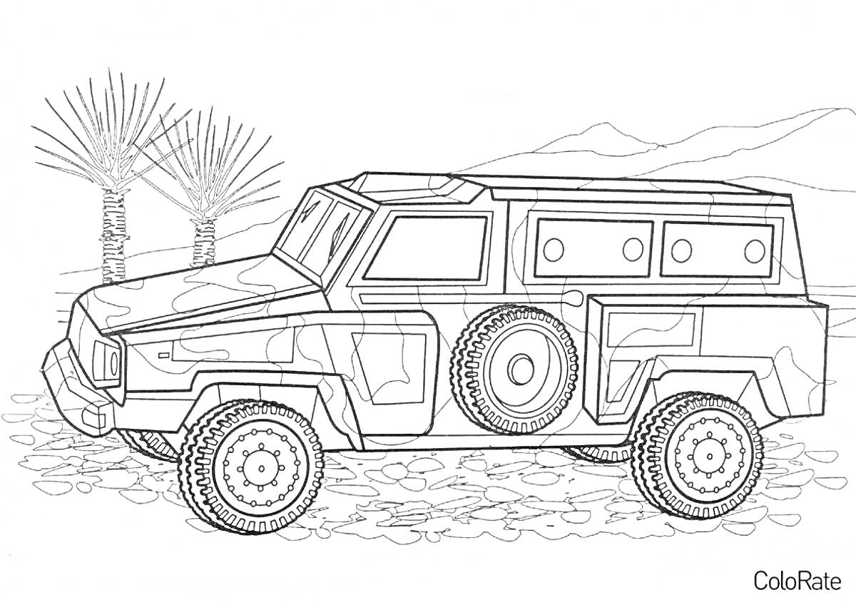 РаскраскаВоенная машина в пустынной местности с горами и пальмами на заднем плане. На машине запасное колесо и закрытые окна.