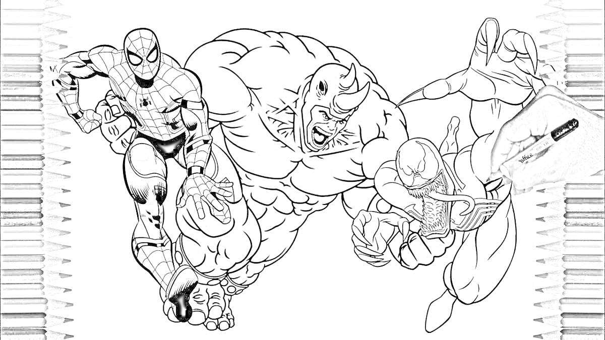 Раскраска Человек-Паук и Халк сражаются с носорогом, цветные карандаши