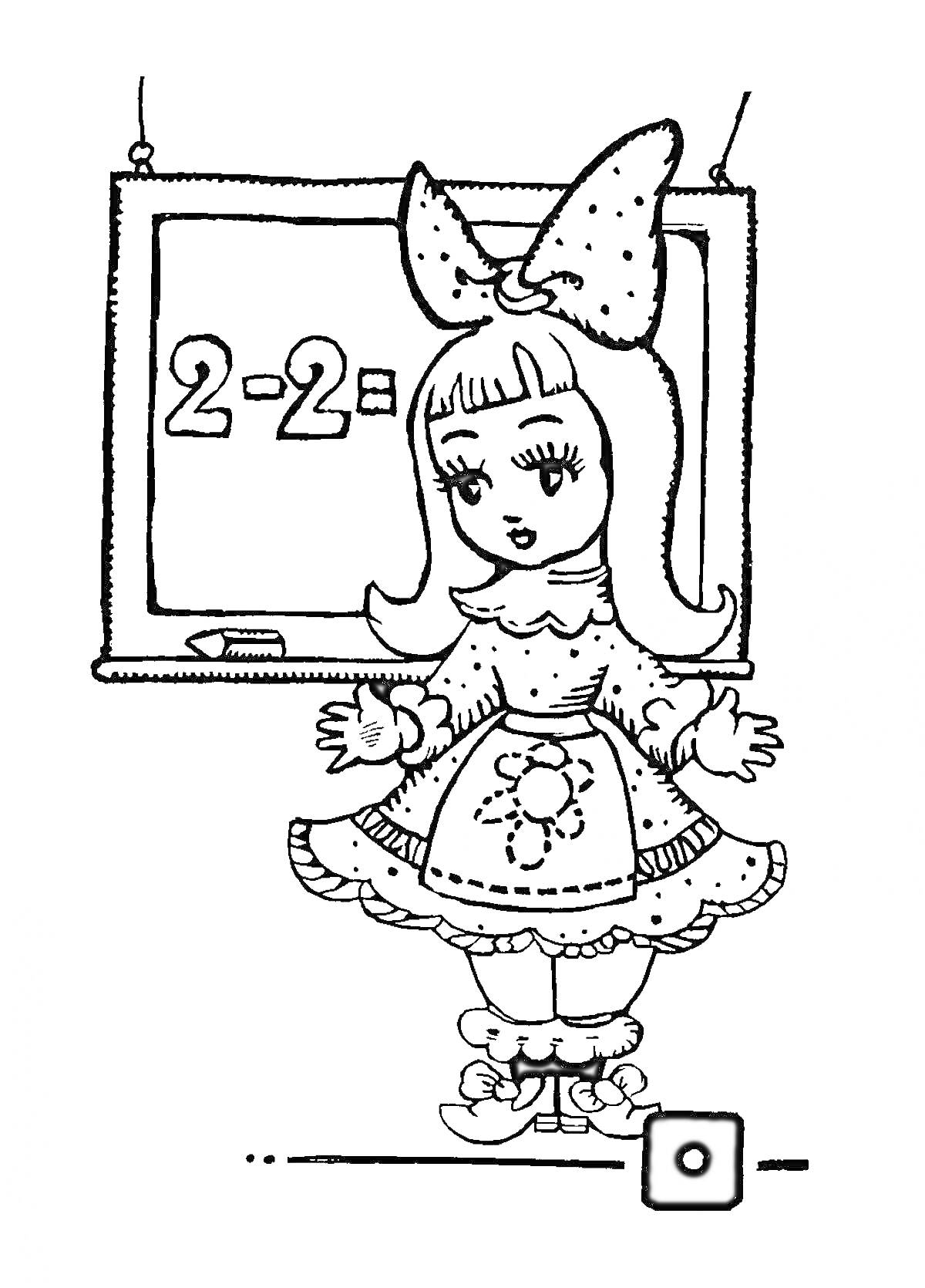Девочка с большим бантом у школьной доски с математическим примером 2-2